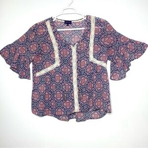 Artesia Women's XXL Geometric Blouse V Neck Lace Tassels Flutter Short Sleeve